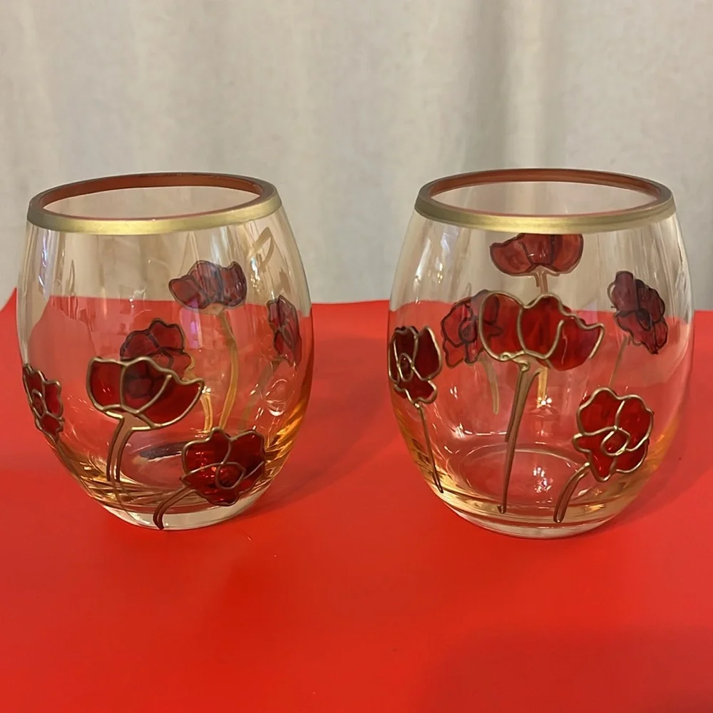 Red Poppy Flowers Hand Painted ámbar Stemless Wine Glasses Set 2